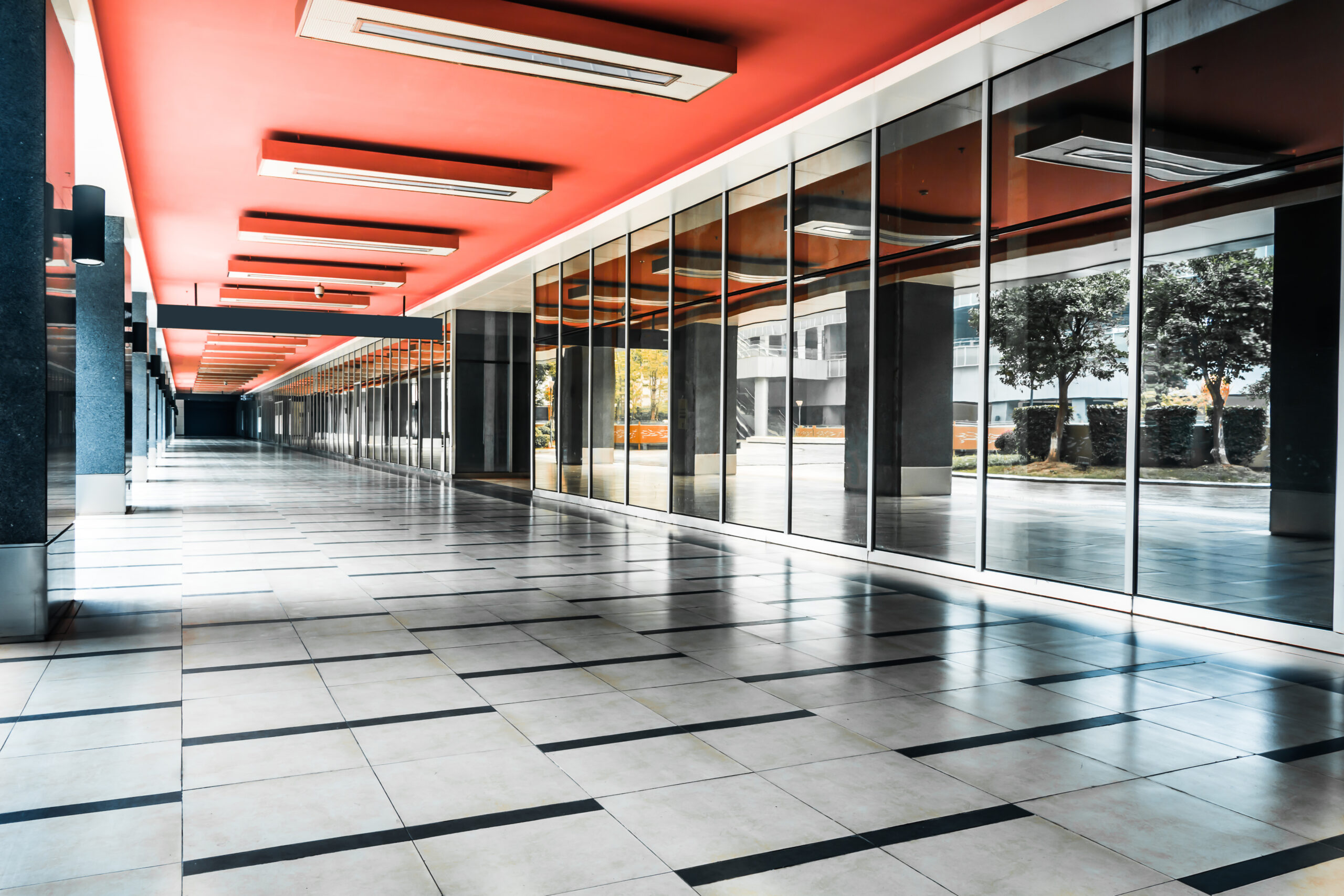 empty long corridor in the modern office building.